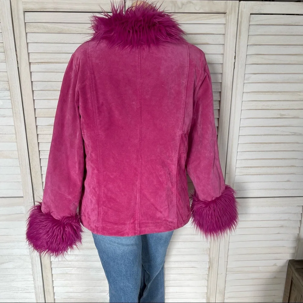 WILSONS LEATHER MAXIMA 90s PINK LEATHER W/ FAUX FUR TRIM COAT - Picture 11 of 14